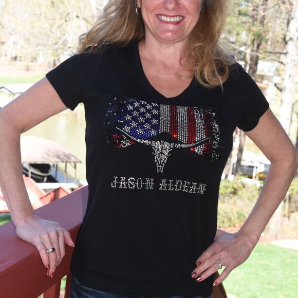 Jason Aldean Rhinestone  bling black short sleeved Vneck shirt  XS,S,M,L,XL,XX… - Picture 9 of 9